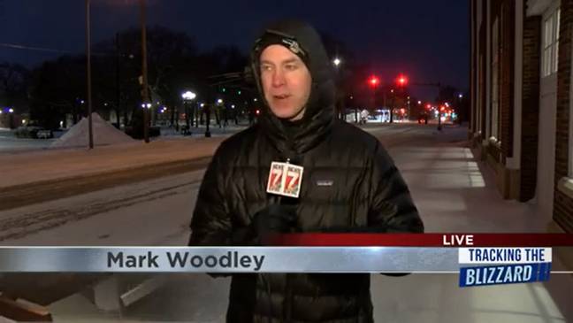 Mark wondered why he had to be out in the cold just to tell other people not to be out in the cold. Credit: Twitter/@MarkWoodleyTV