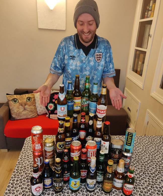 Gus has collected a total of 32 beers from across the globe. Credit: Handout