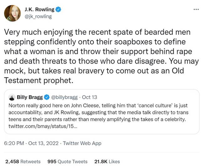 Harry Potter author JK Rowling was not a fan of Norton's comments or the support for them. Credit: Twitter