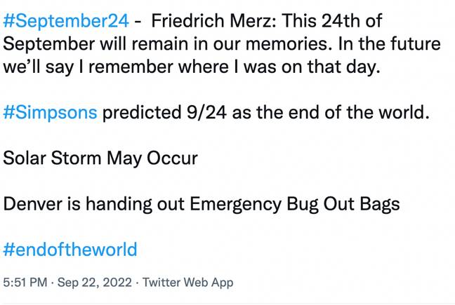 Theories about the end of the world have spread online. Credit: @ClapbackNow/Twitter