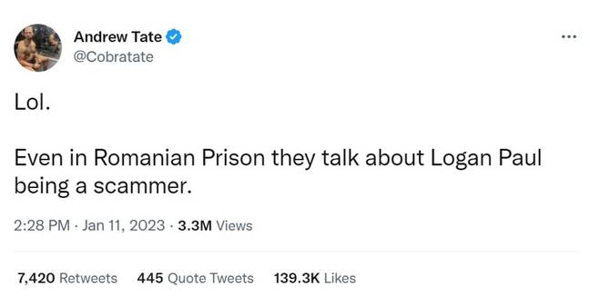 Andrew Tate claims even people in prison in Romania have a go at Logan Paul. Credit: Twitter/@cobratate