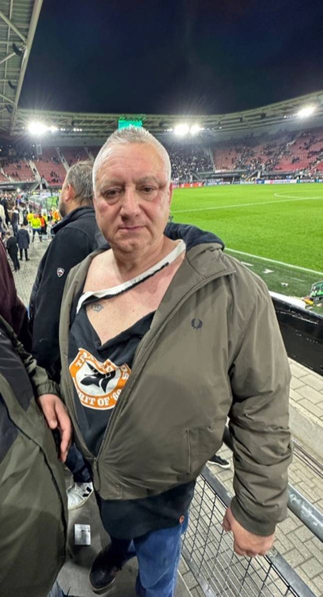 West Ham fan Chris Knoll - who fought off dozens of AZ Alkmaar ultras on Thursday night - has broken his silence. Credit: Twitter/@westhamnetwork