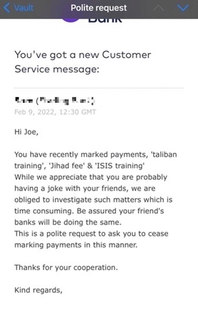 Joe was scolded by his bank. Credit: Reddit