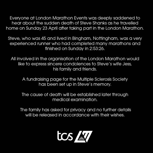 Race organisers announced Shanks' death on Instagram. Credit: Instagram/@londonmarathon