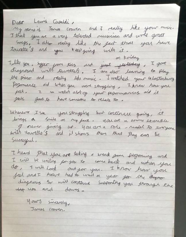 James' handwritten letter to Lewis Capaldi. Credit: PA