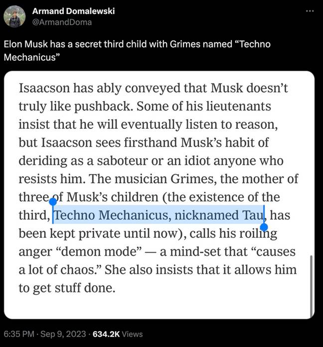Elon Musk and Grimes' third child is called Techno Mechanicus. Credit: The New York Times/ Twitter/ @ArmandDoma