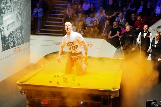 An activist who disrupted the World Snooker Championships last night (17 April) has been arrested six times in just a single year. Credit: Mike Egerton