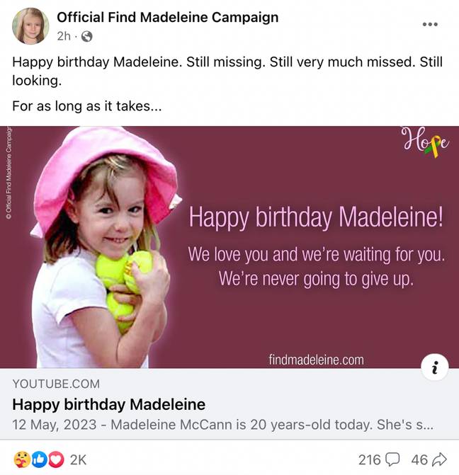 They marked her 20th birthday in a Facebook post. Credit: Facebook