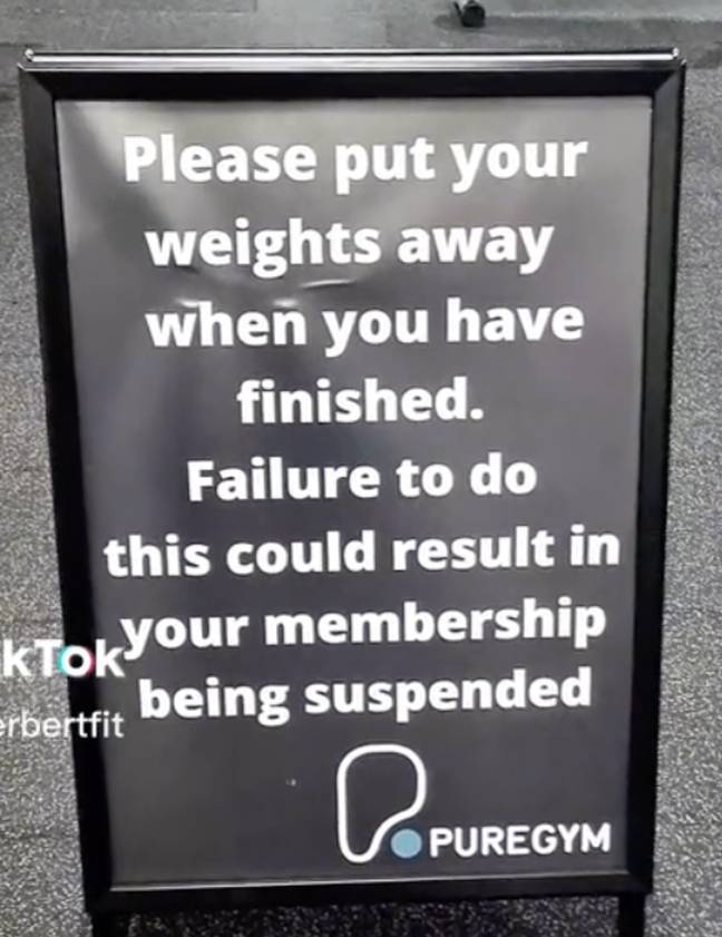 A gym goer spotted the sign in PureGym and posted it on TikTok. Credit: @robherbetfit/ TikTok