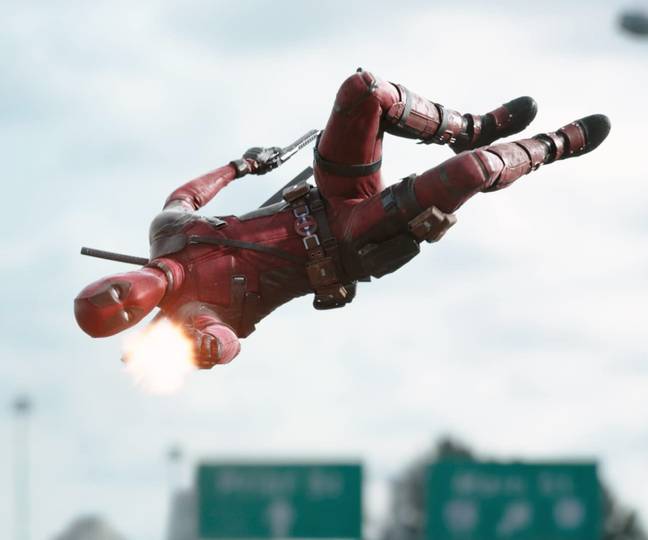 Deadpool, flying through the air like a graceful swan, to land in cinemas early. Credit: 20th Century Fox