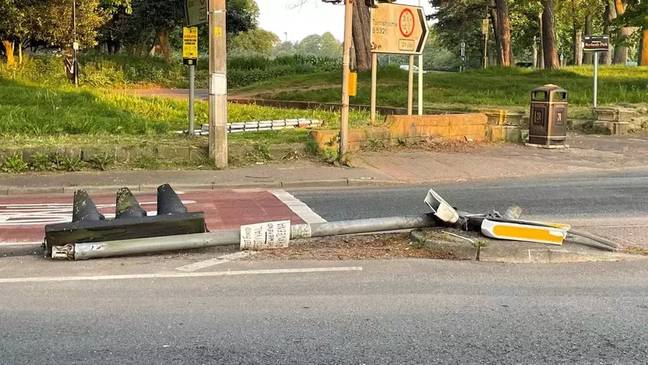 The impact of the collision also knocked down a traffic light. Credit: BBC