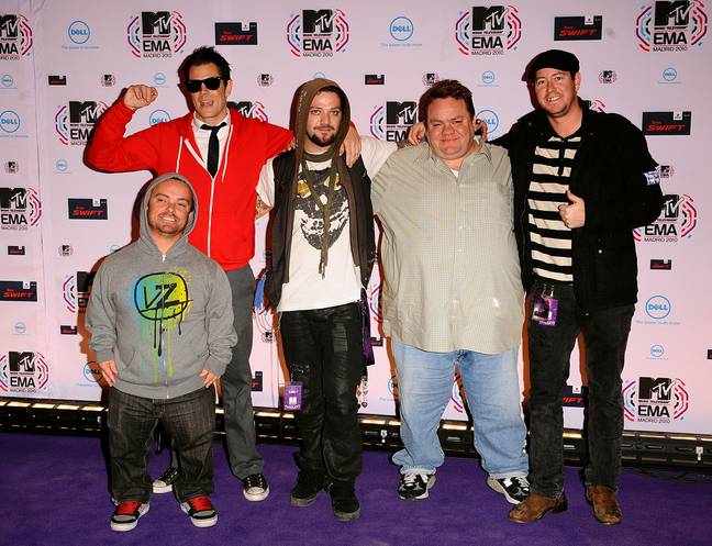 Jason 'Wee-Man' Acuna, Johnny Knoxville, Bam Margera, Preston Lacy and Ehren McGhehey of Jackass arriving for the 2010 MTV Europe Music Awards. Credit: PA Images/Alamy Stock Photo