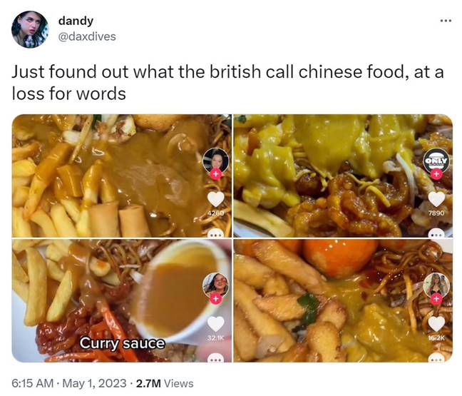 Some Americans were baffled about the Chinese food options for Brits. Credit: Twitter/@daxdives