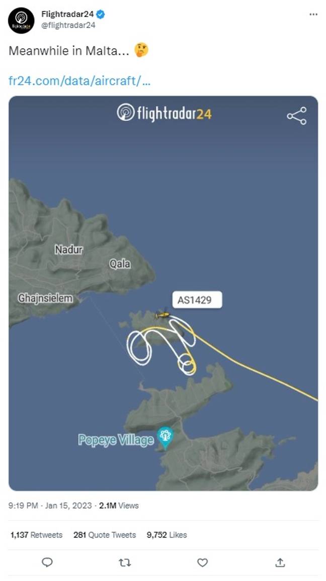 The unorthodox flight path was picked up by Flightradar 24. Credit: Twitter/@flightradar24