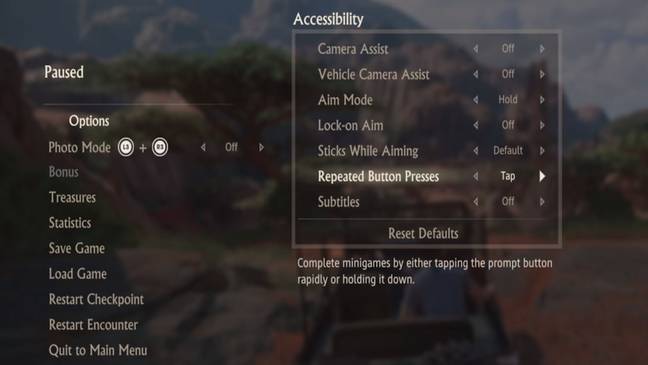 The accessibility options in 'Uncharted 4: A Thief's End' / Credit: Naughty Dog, Sony Computer Entertainment