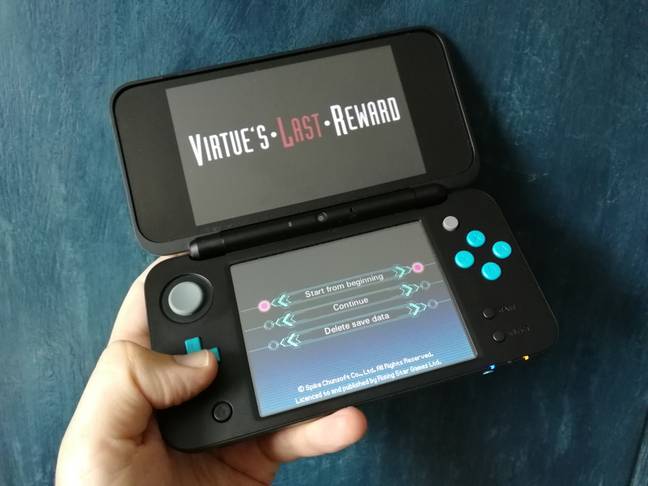 The author's own New 2DS XL, running Virtue's Last Reward