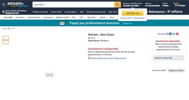 Horizon Zero Dawn listed on Amazon / Credit: Amazon FR