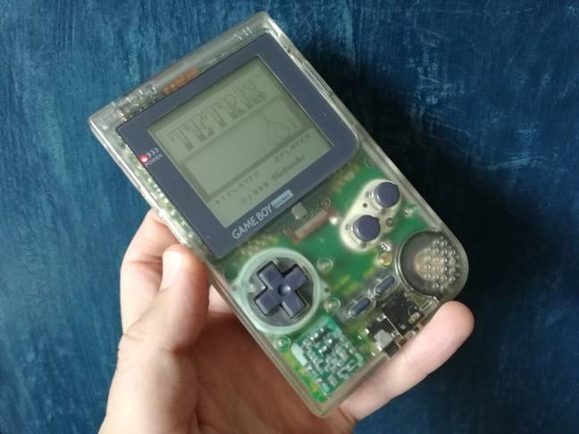 The author's own Game Boy Pocket, running Tetris