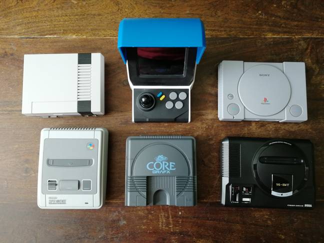 The PC Engine CoreGrafx Mini beside other mini-consoles / Credit: the author