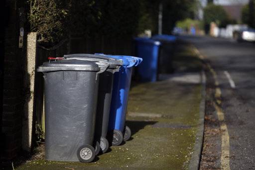 Rubbish and recycling bins line a street. Credit: PA