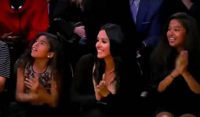 Kobe's daughters Natalia and Gianna can be seen in the crowd with Kobe's wife Vanessa Bryant. Credit: YouTube