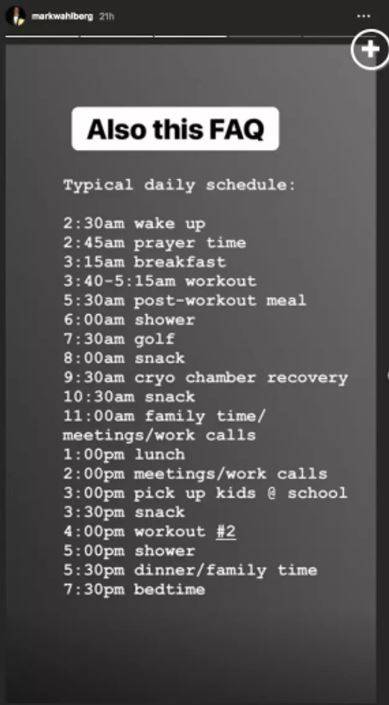 The routine Wahlberg shared in September 2018. Credit: Instagram/markwahlberg