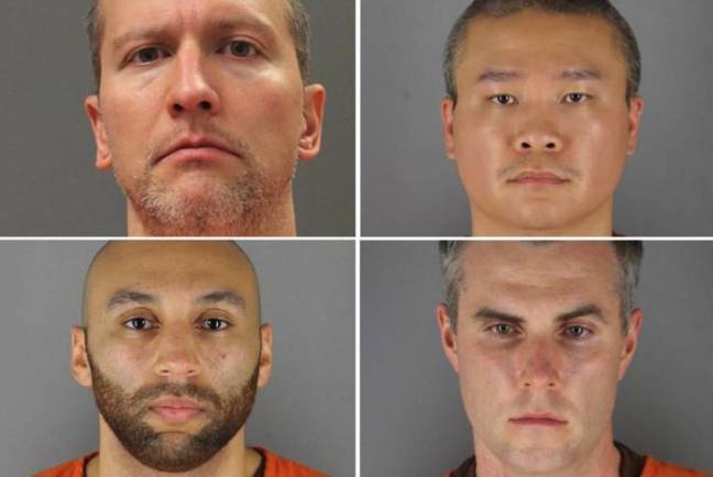 Clockwise from top left: Derek Chauvin, Tou Thao, Thomas Lane and J. Alexander Kueng. Credit: U.S. Minnesota Department of Corrections/Hennepin County Sheriff's Office