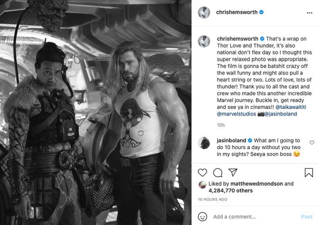 Chris Hemsworth shows off his huge arms in Instagram post as Thor: Love and Thunder finishes filming (Credit: Instagram/chrishemsworth)