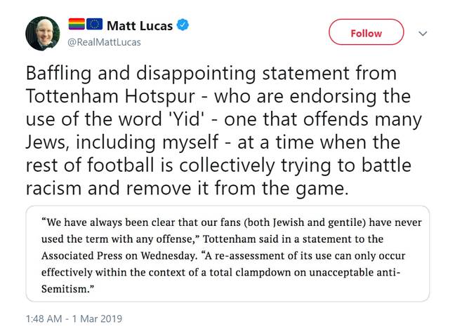 Tottenham Hotspur responded to criticism of their infamous chant. Credit: Twitter