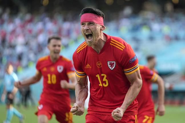 Wales' Kieffer Moore celebrates after scoring his side's opening goal during the Euro 2020 match between Wales and Switzerland. Credit: PA