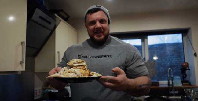 Tom's brother Luke with a plate of 30 fried eggs for the two of them and a pal. Credit: YouTube/Stoltman Brothers