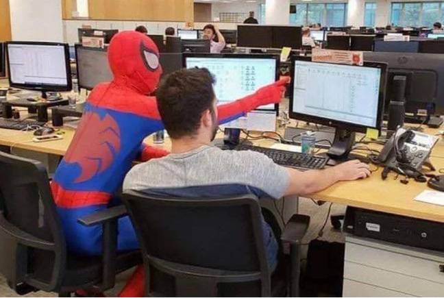 Spider-man still put in a shift on his last day. Ever professional he is. Credit: 9gag/Walter Costa