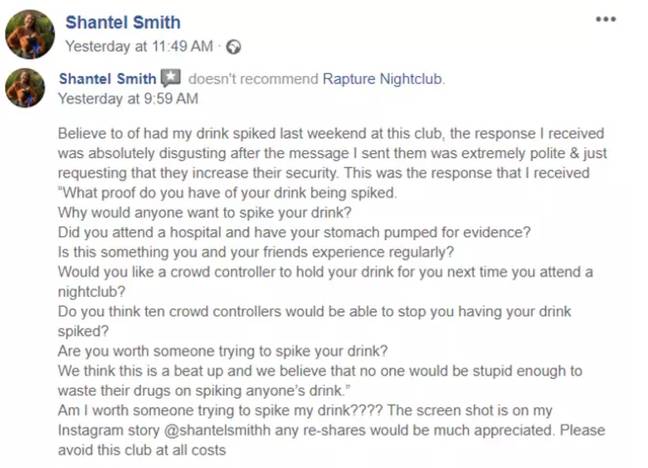 Shantel Smith also posted a negative review on Facebook for Rapture. Credit: Facebook