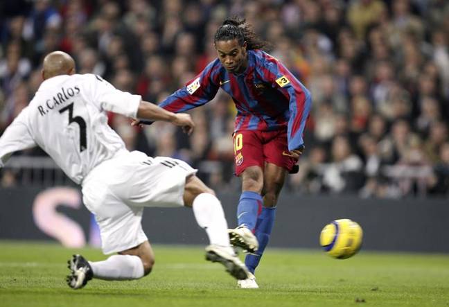 Ronaldinho taking on the left back in his team. Image: PA Images