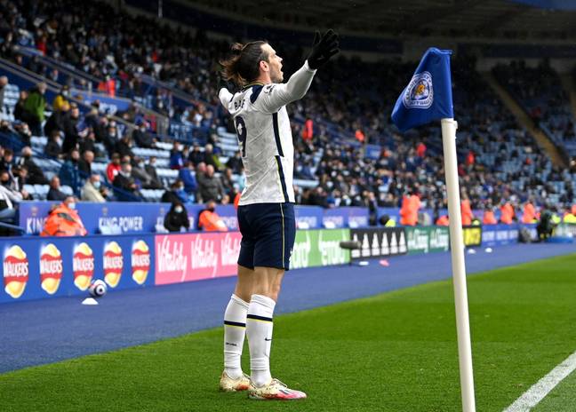 Bale celebrates against Leicester. Image: PA Images