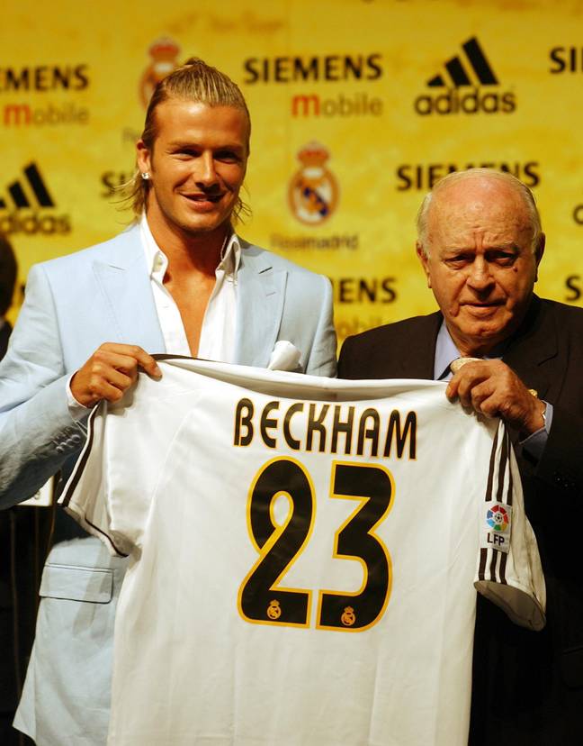 David Beckham is presented with a Real Madrid shirt with his new number '23. Image: PA