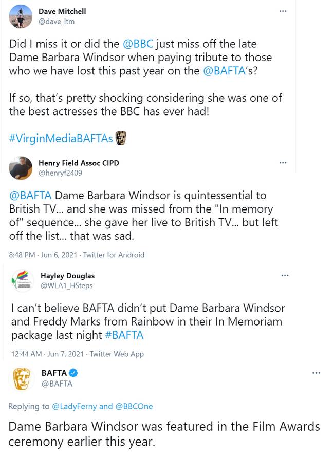 Fans were upset not to see Dame Barbara in the Memoriam segment (Credit: Twitter)