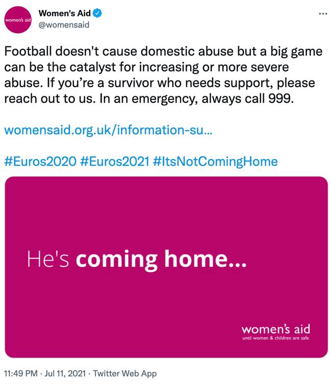 Women's Aid shared a Tweet linking victims to their support pages after England's loss (Credit: Twitter)