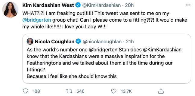 Kim Kardashian discovered that she inspired the Featherington sisters after Nicola's tweet was posted in her Bridgerton group chat (Credit: Twitter)