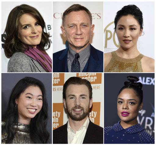 Top row (L-R) Tina Fey, Daniel Craig, Constance Wu. Bottom row (L-R) Awkwafina, Chris Evans and Tessa Thompson (Credit: PA Images)