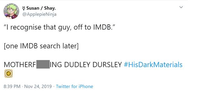Fans were shocked to see 'Dudley' turn up in H'His Dark Materials' (Credit: Twitter)