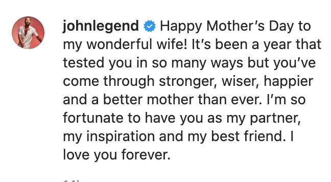 John Legend wrote a heartfelt caption in honour of Chrissy Teigen for Mother's Day (Credit: John Legend/ Instagram)