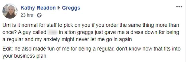 Kathy called out Greggs in her Facebook post (Credit: Kennedy News and Media)
