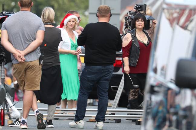 Joanna Page and Ruth Jones on set of the Christmas special in July. (Credit: PA)