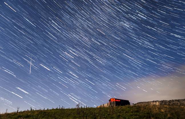 A digital composite of 30 photographs taken over a period of 15 minutes during the Perseid meteor shower in the Yorkshire Dales National Park. Credit: PA