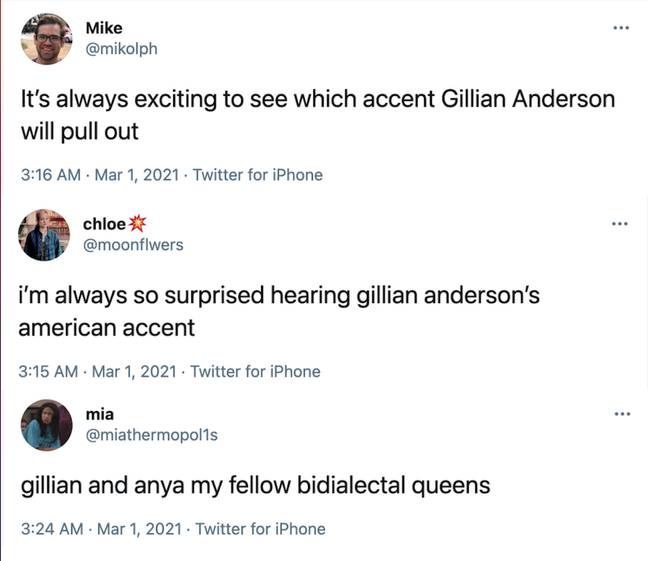 Viewers took to Twitter after hearing Gillian's bidialectal accent during her acceptance speech (Credit: NBC)