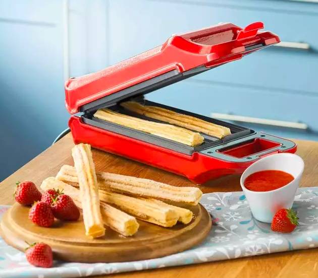 The device has a sleek red exterior and non-stick surfaces (Credit: Ambiano)