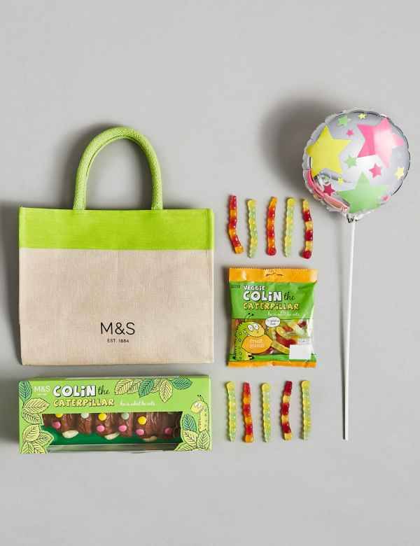The £20 hamper includes a Colin cake, veggie Colin the Caterpillar sweets, a balloon and M&amp;S bag (Credit: Marks &amp; Spencer)