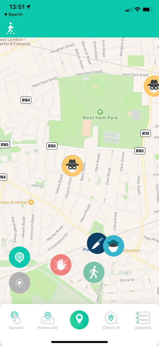 The free app shows a map with previously reported incidents nearby to let users know of potential danger (Credit: WalkSafe) 