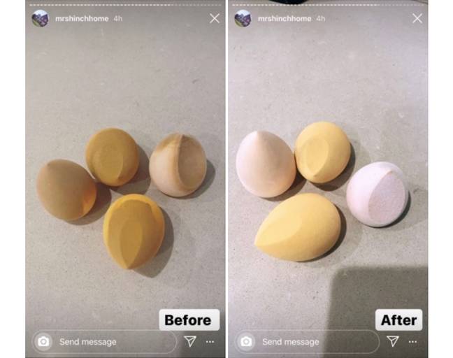 The before and after seemed to work well, with Mrs Hinch explaining the blenders were still nice and spongey (Credit: Instagram/MrsHinchHome)